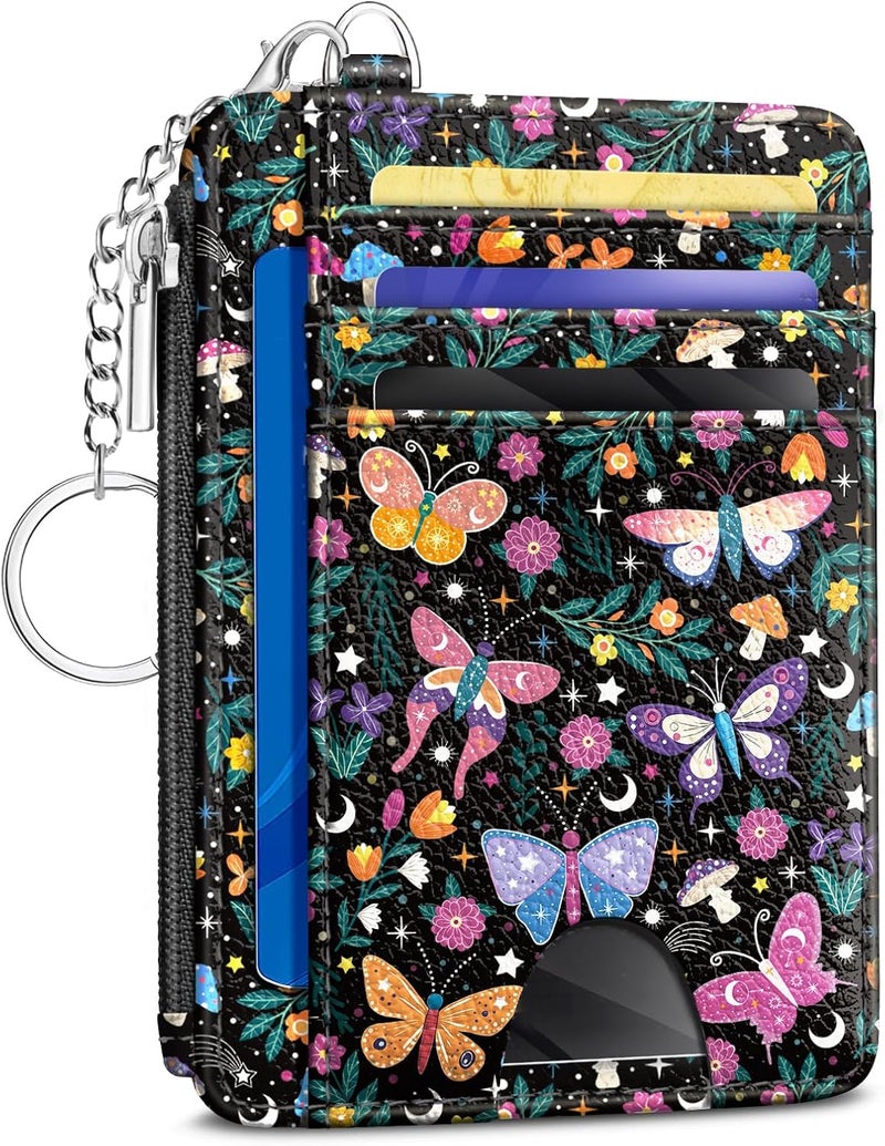 Kelvoris Butterfly Flowers Credit Card Holder Small Wallet Women, Slim RFID Blocking Wallet Woman Keychain with Zipper Coin Pocket, Front Pocket Thin Travel Card Case with ID Window for Ladies Gifts - Image 1